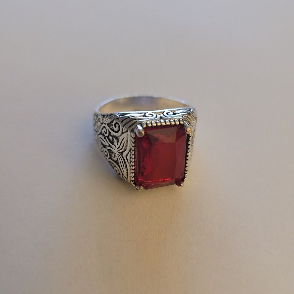 Silver Metal Faux Ruby Signet Ring Size 11 Red Rectangle Main Stone